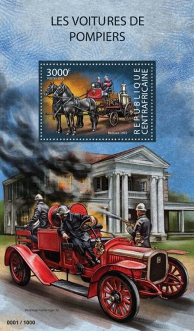 Withdrew 02-28-19-Central Africa - 2015 Fire Engines - Stamp Souvenir Sheet - 3H-897
