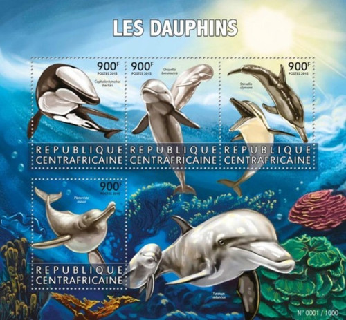 Central Africa - 2015 Dolphins on Stamps - 4 Stamp Sheet - CA15609a