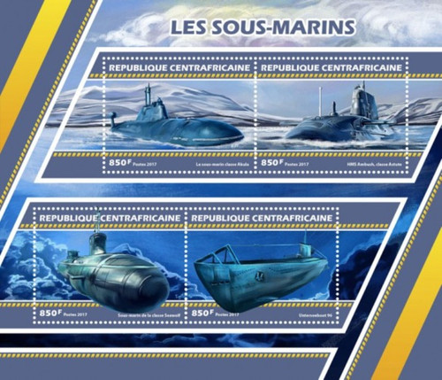Central Africa 2017 Submarines 4 Stamp Sheet - Michel #6935-8 CA17304a