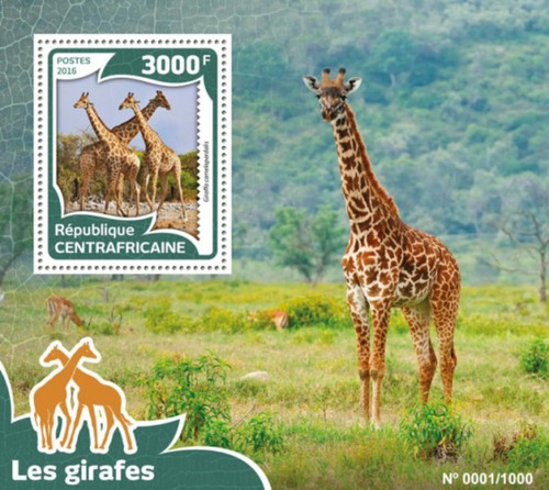 Withdrew 03-15-19-Central Africa - 2016 Giraffes on Stamps - Souvenir Sheet - CA16007b