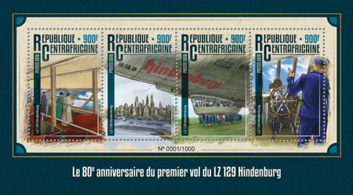 Central Africa 2016 Hindenburg 80th Anniversary 4 Stamp Sheet CA16103a