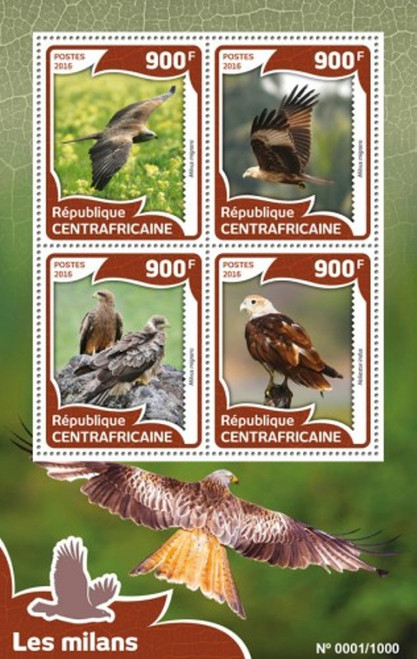 Withdrew 03-15-19-Central Africa - 2016 Kite Birds - 4 Stamp Sheet - CA16009a