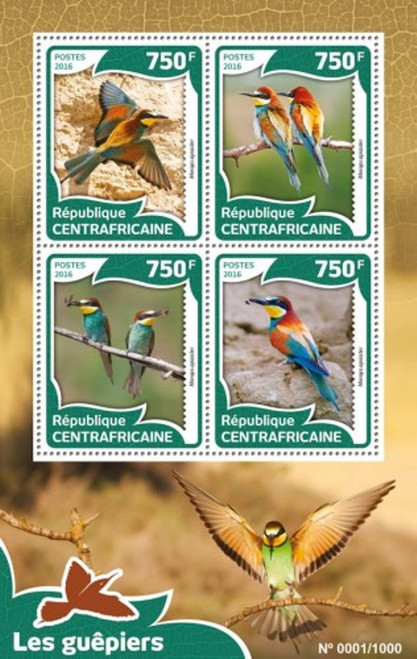 Withdrew 03-15-19-Central Africa - 2016 European Bee-eater - 4 Stamp Sheet - CA16010a