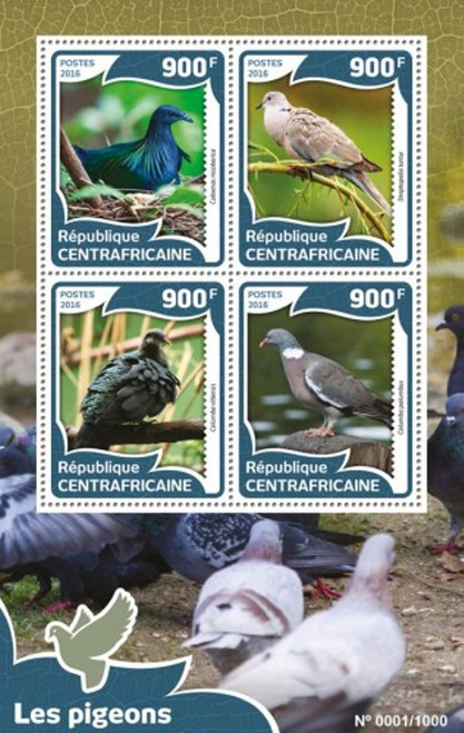Withdrew 03-15-19-Central Africa - 2016 Pigeons on Stamps - 4 Stamp Sheet - CA16011a