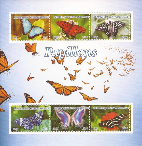 Central Africa - 2016 Butterflies on Stamps - 6 Stamp Sheet - 3H-990