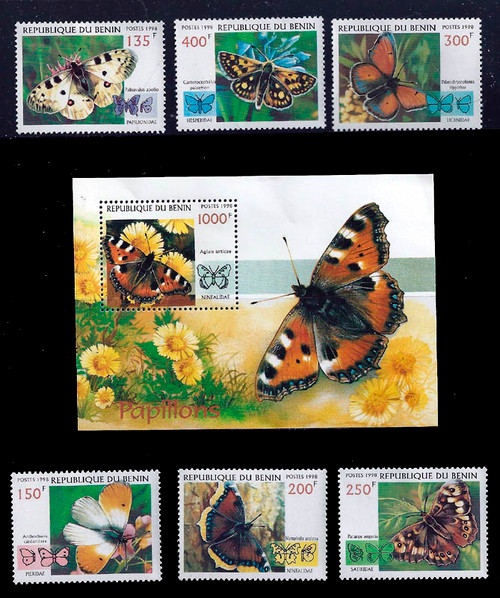 Benin 1998 Butterflies  6 Stamp Set Plus Souvenir Sheet 2B-251