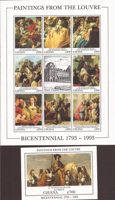 Ghana - 1993 Louvre Museum - 8 Stamp Sheet + S/S 7k-006