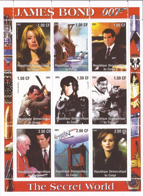 Withdrew 02-25-19-Congo - 2001 Secret World of James Bond - 9 Stamp  Sheet - 3A-453