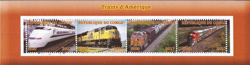 Congo - 2017 Trains of America - 4 Stamp Souvenir Sheet #3A-534