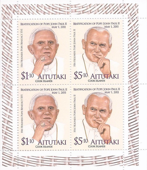 Aitutaki 2013 Popes John Paul II & Benedict I 4 Stamp Sheet Scott #580 1M-020