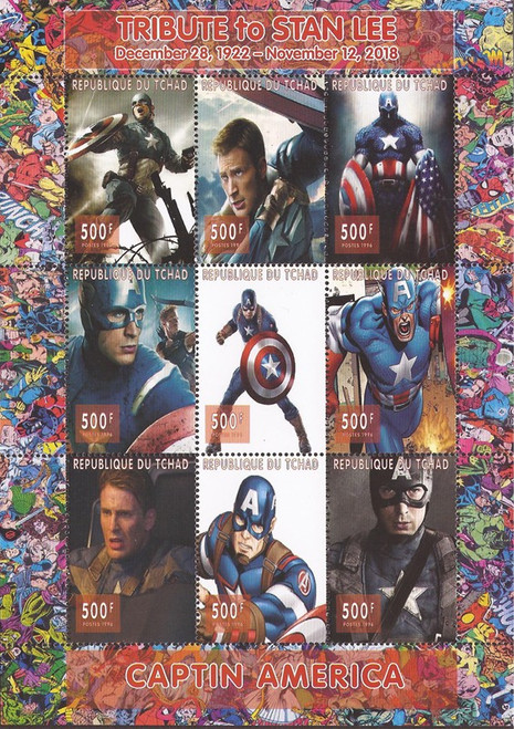 Chad - 2018 Stan Lee Tribute Captain America - 9 Stamp Sheet - 3B-633