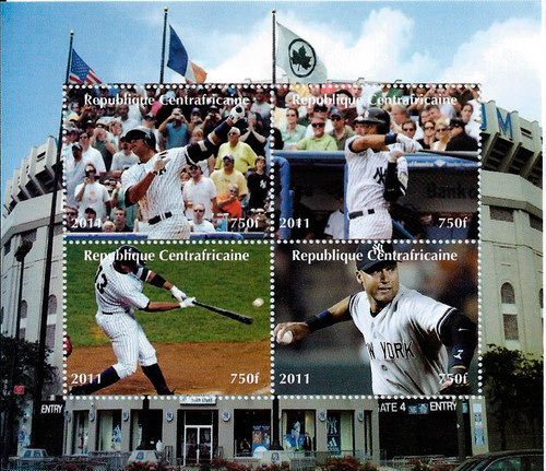 Central Africa 2011 NY Yankees Jeter & A-Rod 4 Stamp Sheet 3H-777