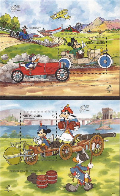 St Vincent Union Island-Disney French Vehicles-2 Stamp Sheets 19J-019