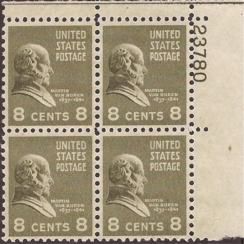 US Stamp - 1938 8c Martin Van Buren - 4 Stamp Plate Block MNH #813