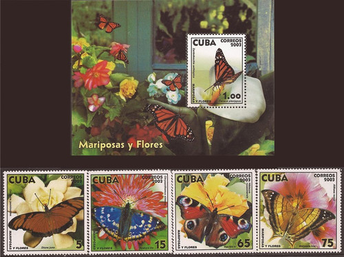 Cuba 2003 Butterflies & Flowers - 4 Stamp Set + Souvenir Sheet #4333-7