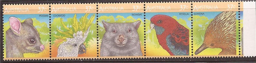 Australia - 1987 Fauna Possum Cockatoo Wombat - 5 Stamp Strip #1035