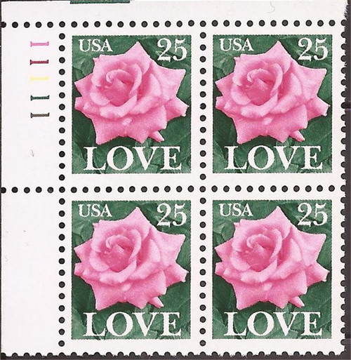 US Stamp - 1988 25c Love Rose - 4 Stamp Plate Block - Scott #2378