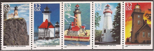US Stamp - 1995 Lighthouses of the Great Lakes - 5 Stamp Strip #2973a