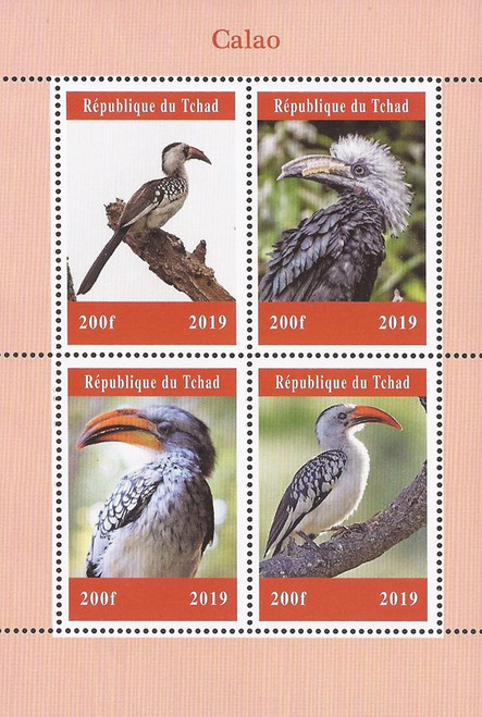 Chad - 2019 Hornbill Birds on Stamps - 4 Stamp Sheet - 3B-671