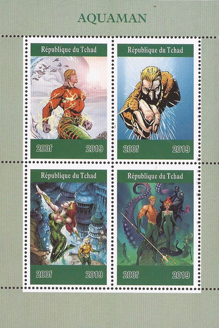 Chad - 2019 DC Comics Superhero Aquaman - 4 Stamp Sheet - 3B-672