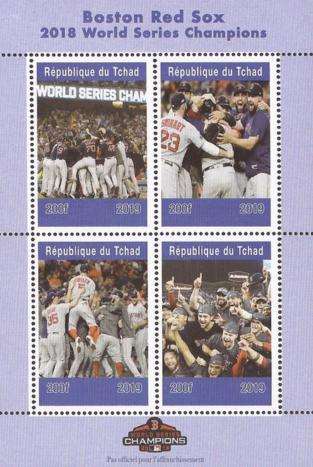 Chad - 2019 World Series Champions Boston Red Sox - 4 Stamp Sheet - 3B-680