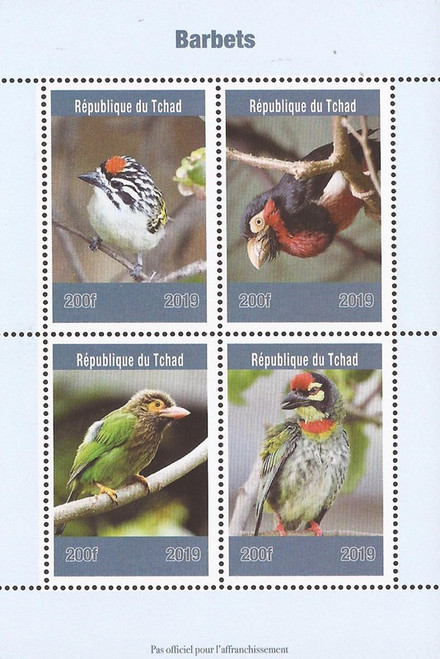 Chad - 2019 Barbet Birds on Stamps - 4 Stamp Sheet - 3B-682