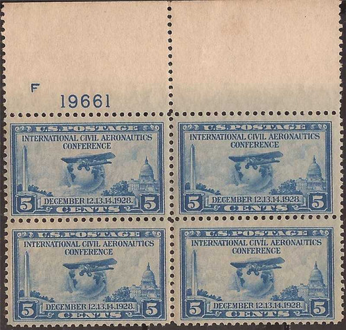 US Stamp - 1928 5c Aeronautics Conference - 4 Stamp Block w/Plate Number #650