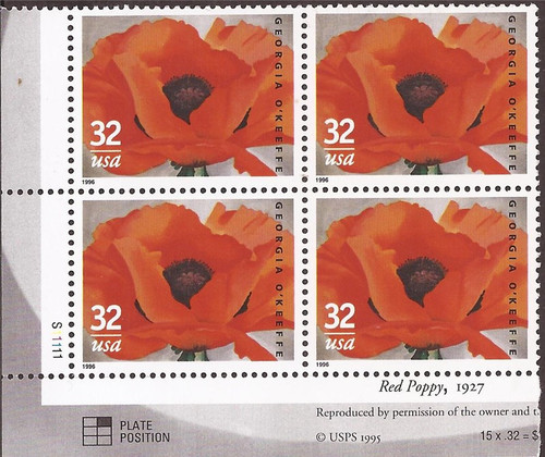 US Stamp - 1996 Georgia O’Keeffe - 4 Stamp Plate Block - Scott #3069 US Stamp - 1996 Georgia O’Keeffe - 4 Stamp Plate Block - Scott #3069
