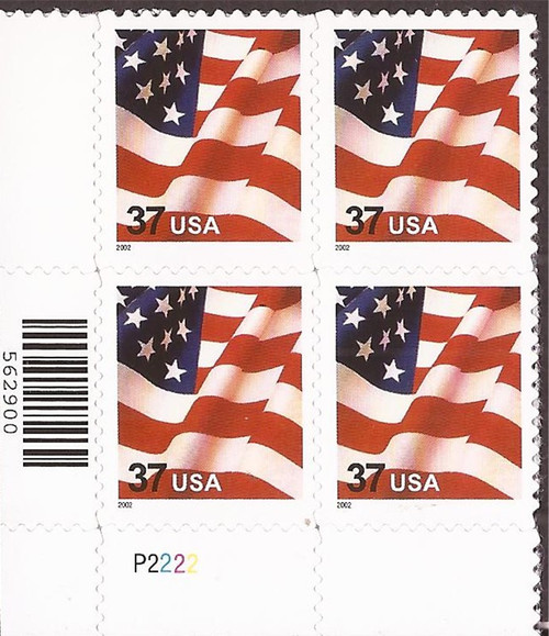 US Stamp - 2002 37c Flag - 4 Stamp Plate Block Self-Adhesive - Scott #3630
