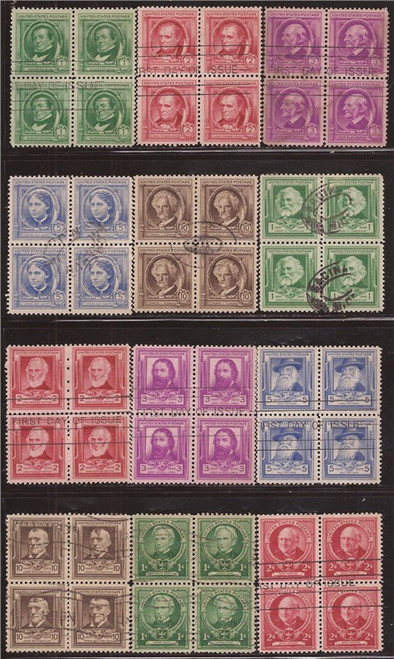 US Stamp - 1940 Famous Americans - CPL Set of 35 Canceled 4 Stamp Blocks #859-93