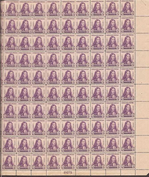US Stamp - 1932 William Penn 100 Stamp Sheet NH Scott #724