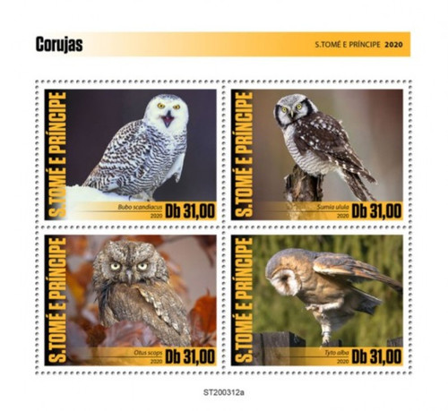 St Thomas - 2020 Owls, Snowy, Eurasian Scops, Barn - 4 Stamp Sheet - ST200312a