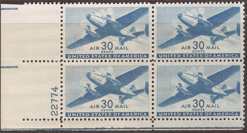 US Stamp 1941 Transport Plane 30c Airmail 4 Stamp Plate Block NH #C30