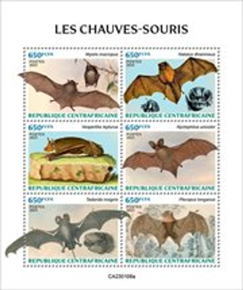 Central Africa - 2023 Bats, Insular Flying Fox - 6 Stamp Sheet - CA230106a