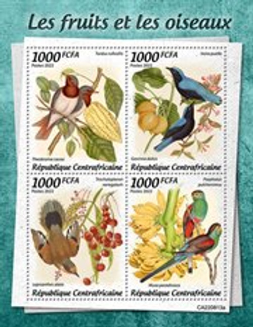 Central Africa - 2022 Fruits and Birds, Tree, Parrot - 4 Stamp Sheet - CA220813a Central Africa - 2022 Fruits and Birds, Tree, Parrot - 4 Stamp Sheet - CA220813a