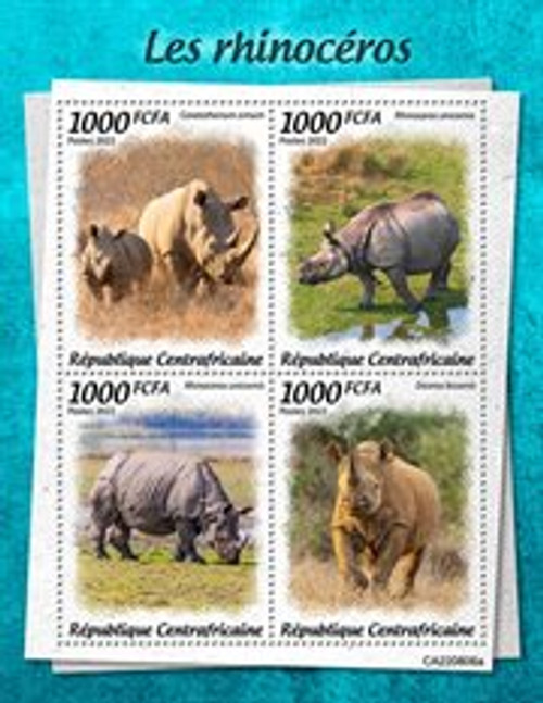 Central Africa - 2022 Rhinoceros, Indian, Black - 4 Stamp Sheet - CA220806a
