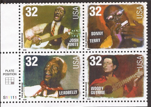 US Stamp - 1998 32c Folk Singers - 4 Stamp Plate Block - Scott #3215a