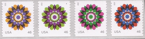 US Stamp - 2013 46c Kaleidoscope Flowers - 5 Stamp Strip - Scott #4725a