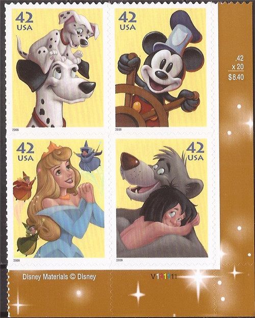 US Stamp - 2008 42c Art of Disney Imagination - 4 Stamp Plate Block #4342-5