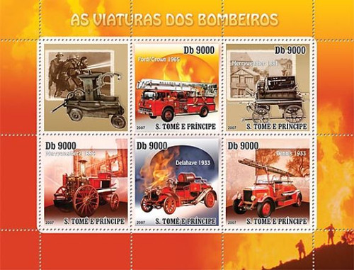 St Thomas - Fire Engines On Stamps - 6 Stamp Mint Sheet ST7310a
