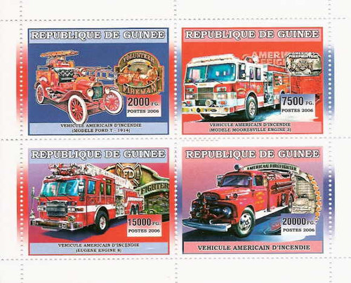 Guinea - Fire Engines On Stamps - 4 Stamp Mint Sheet - 7B-151