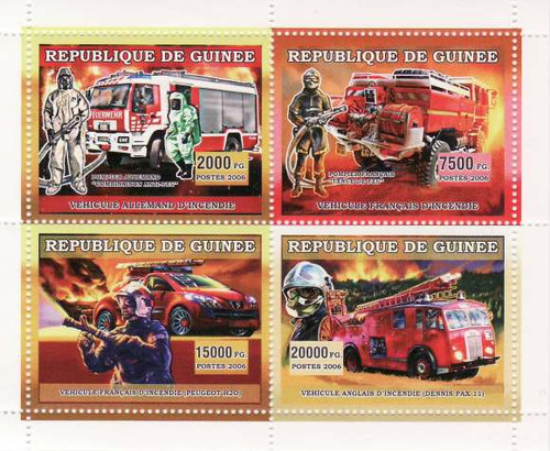 Guinea - Fire Engines on Stamps - 4 Stamp Mint Sheet 7B-181