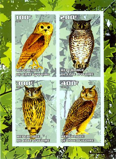 Exotic Owls On Stamps - Mint Imperf Sheet of 4 - 9A-007