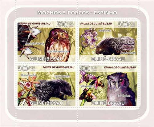 Guinea-Bissau - Owls, Porcupines & Orchids on Stamps Sheet GB8206a
