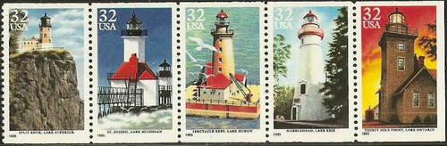 US Stamps 1995 Lighthouses of Great Lakes 5 Stamp Mint Strip #2969-73