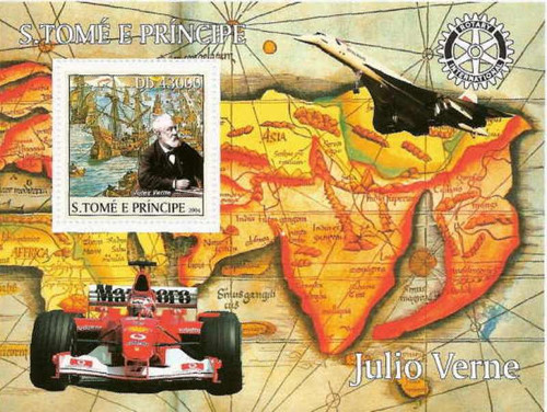 St Thomas - Jules Verne, Map Ferrari, Tall Ships Mint Stamp S/S ST4224