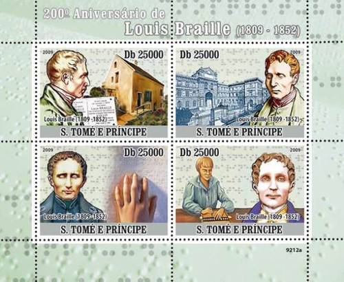 St Thomas - Louis Braille 200th Birthday - 4 Stamp Mint Sheet ST9212a