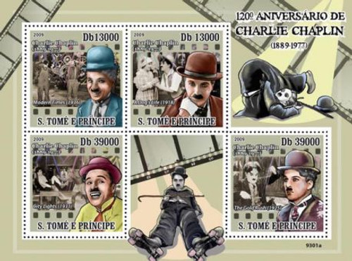 St Thomas - Charlie Chaplin 4 Stamp Mint Sheet ST9301a