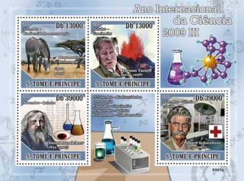 St Thomas - Year of Science, Tazieff, 4 Stamp Mint Sheet ST9307a