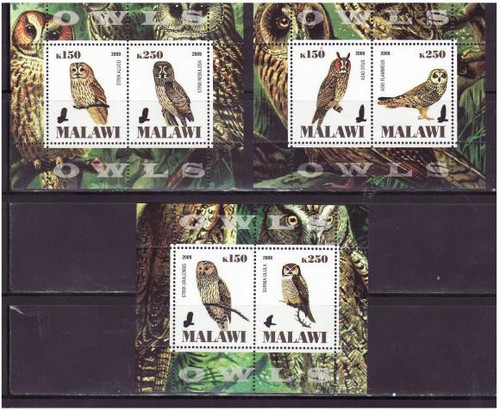 Owls on Stamps - Set of 3 Mint Sheets with 2 Stamps Each MNH - 13K-005